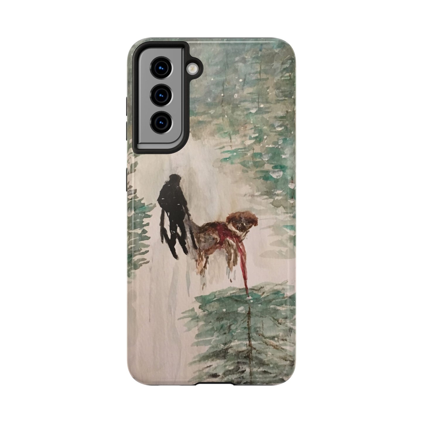 Skier Dog Pulling Tree Tough Phone Cases, iPhone & Samsung cases, wireless charging, pine trees, snow, original artwork, gifts, Christmas