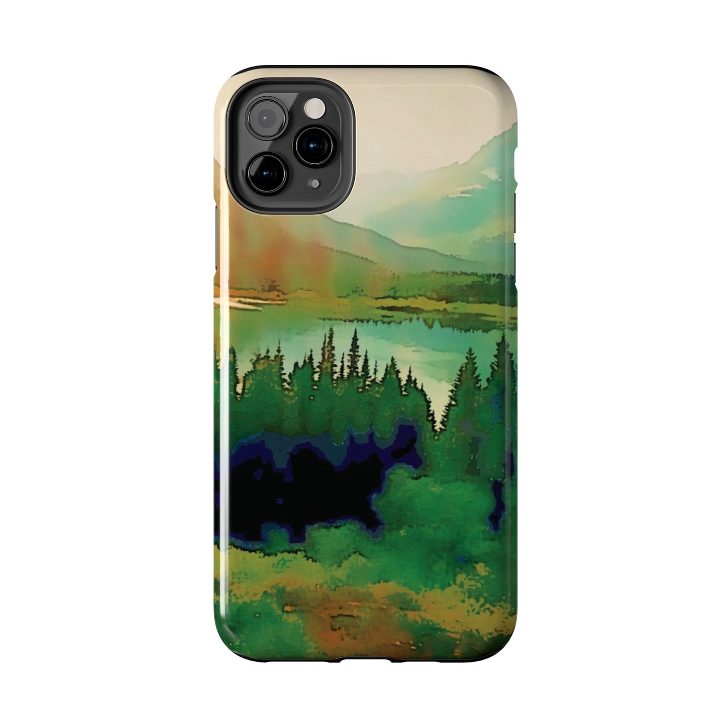 Mountain Lake Tough Phone Cases, iPhone & Samsung cases, wireless charging, trees, nature, colorful, original artwork, gifts, Christmas