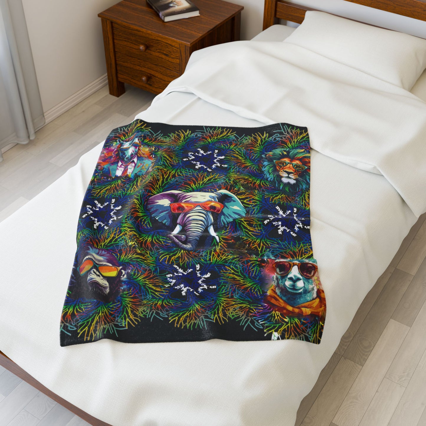 Black Wild & Cool Creatures Velveteen Blanket, Animals, Cozy Throw Home Decor, Gift, Bed Cover Vibrant Couch Blanket Kids Birthday Christmas