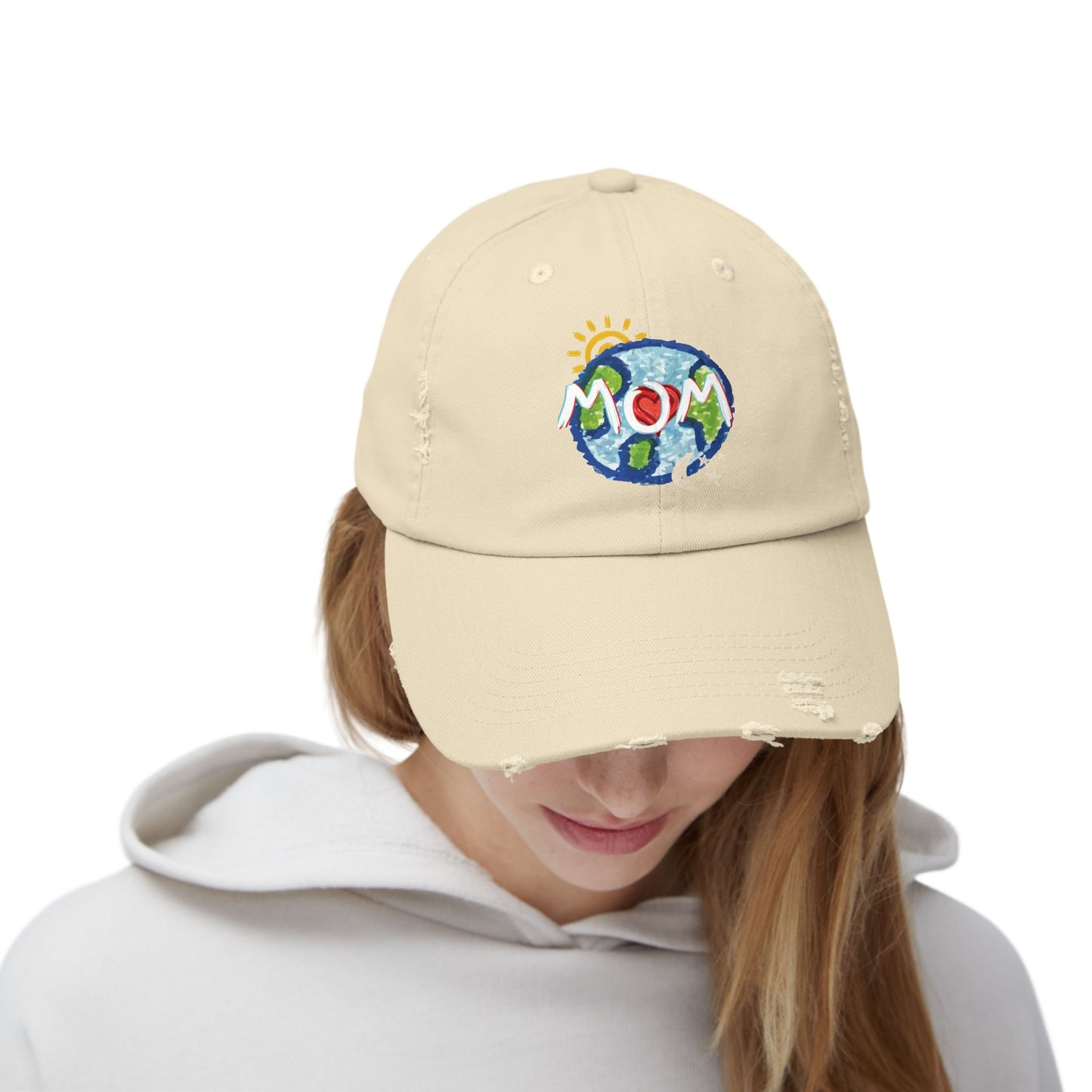 MOM Unisex Distressed Cap, Whole World, Sun, Moon & Stars, Heart, Mothers Day, Gifts for Women, Gift, Hats, Cotton Twill, Adjustable