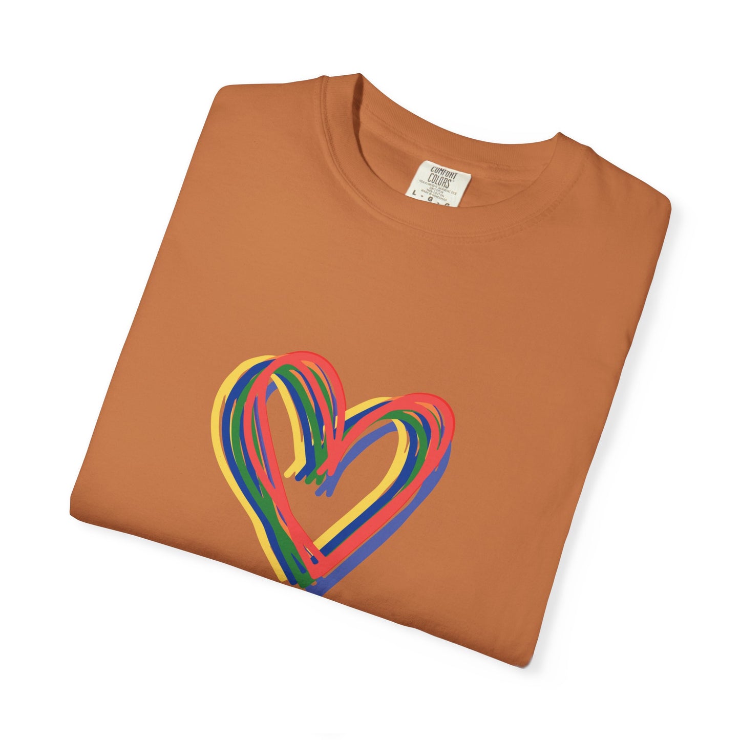Rainbow Hearts Unisex Garment-Dyed T-shirt, love, Pride, gender neutral, casual, men, women, relaxed, soft, preshrunk cotton, Valentines Day