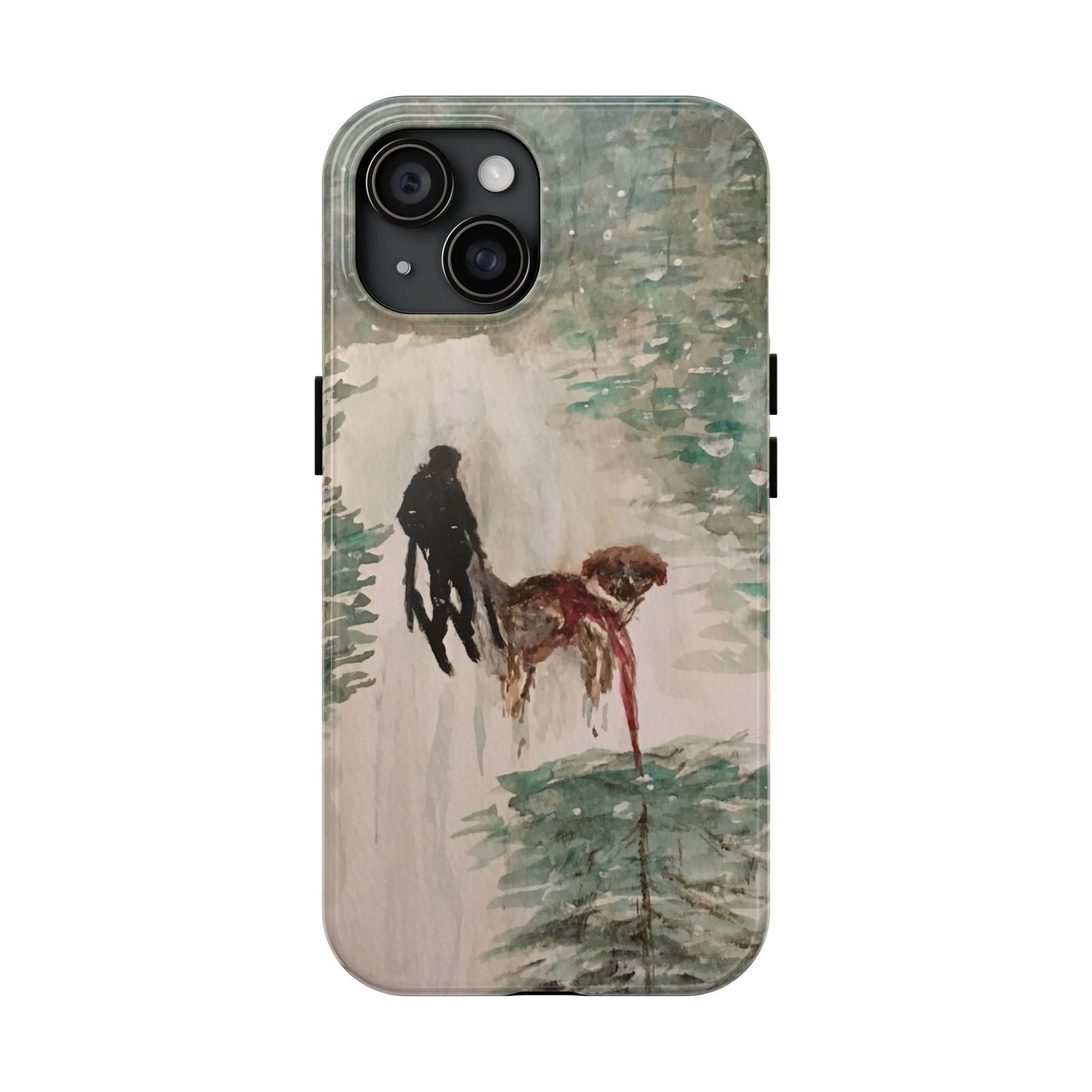 Skier Dog Pulling Tree Tough Phone Cases, iPhone & Samsung cases, wireless charging, pine trees, snow, original artwork, gifts, Christmas