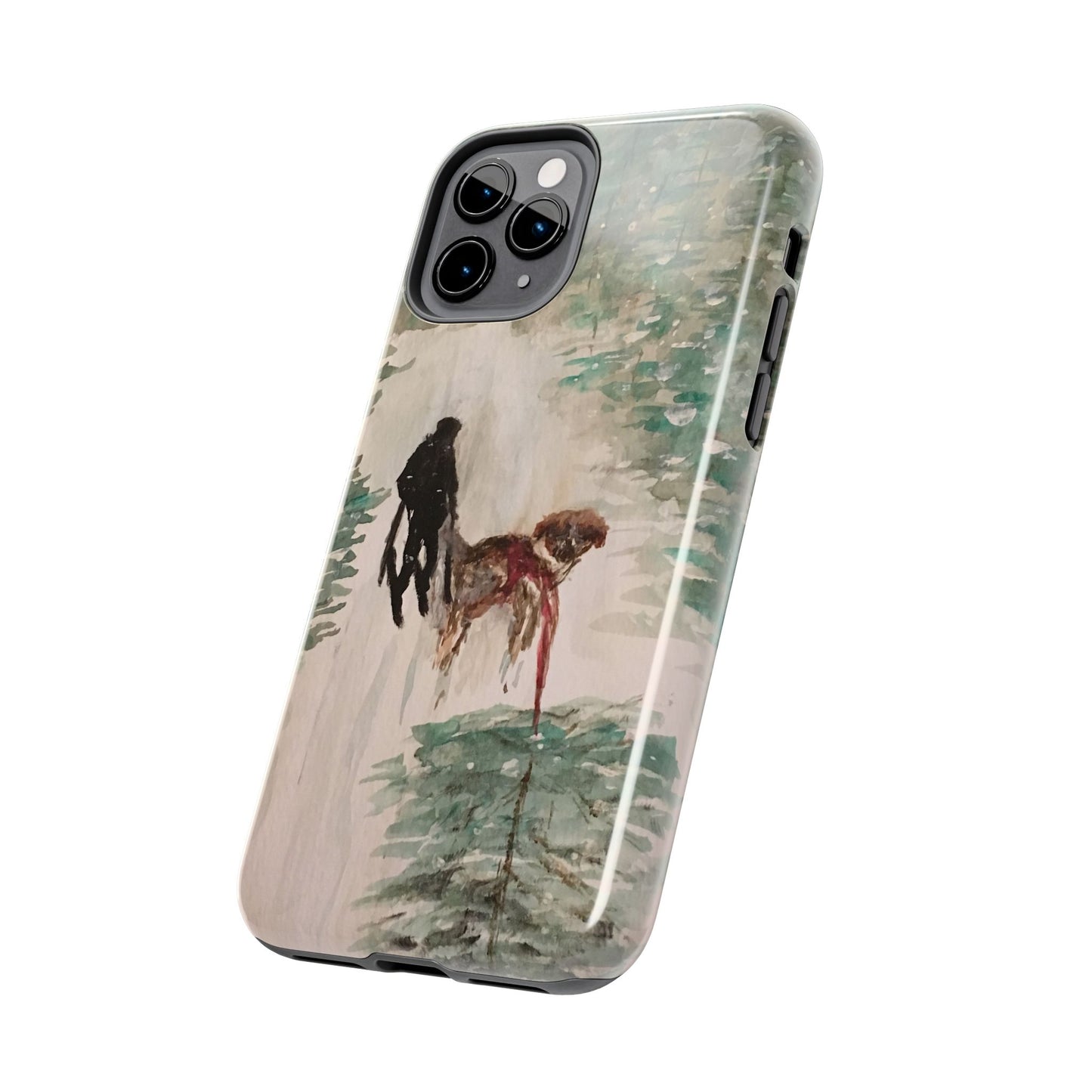 Skier Dog Pulling Tree Tough Phone Cases, iPhone & Samsung cases, wireless charging, pine trees, snow, original artwork, gifts, Christmas