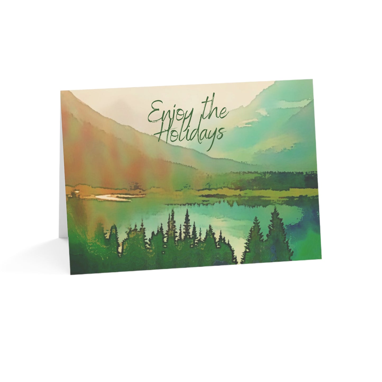 Holiday Greeting Cards Original Artwork Mountain Lake (10, 30, & 50pcs), Enjoy the Holidays, Wishing Health Happiness New Year, 4 size/3 fin