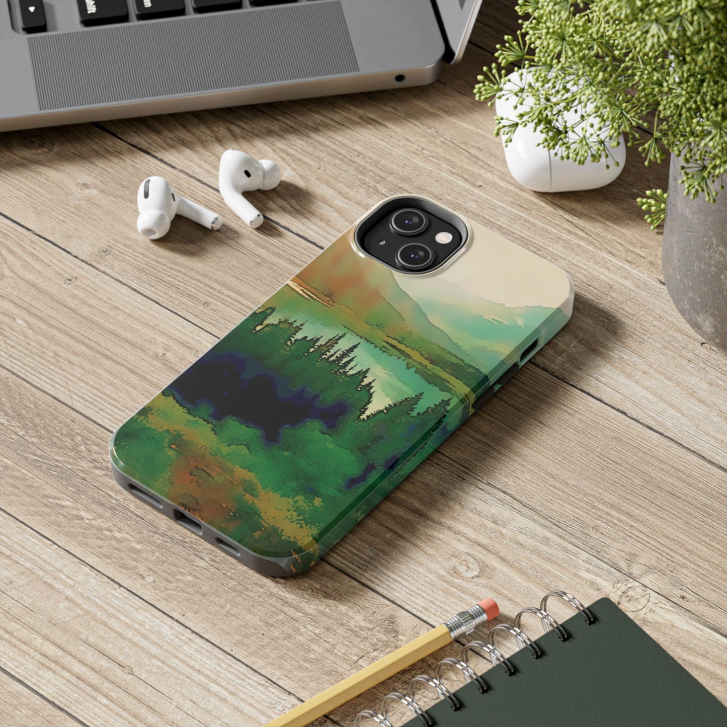 Mountain Lake Tough Phone Cases, iPhone & Samsung cases, wireless charging, trees, nature, colorful, original artwork, gifts, Christmas