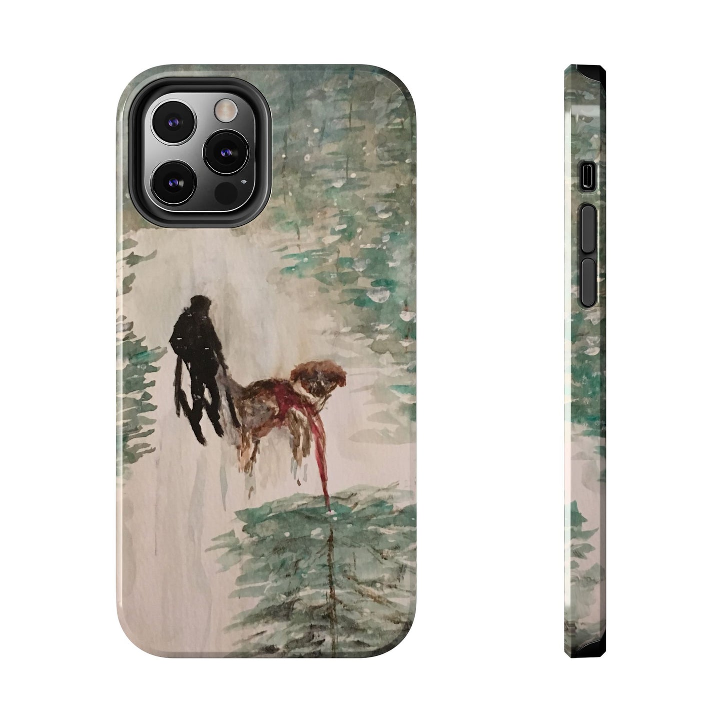 Skier Dog Pulling Tree Tough Phone Cases, iPhone & Samsung cases, wireless charging, pine trees, snow, original artwork, gifts, Christmas