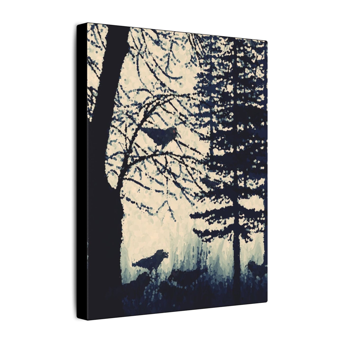 Canvas Wrap Crows in Forest, Dark, Black and White, Original Artwork, Wall Art, Decor, Trees, Birds, Nature, Halloween, Gift, Eco, Matte