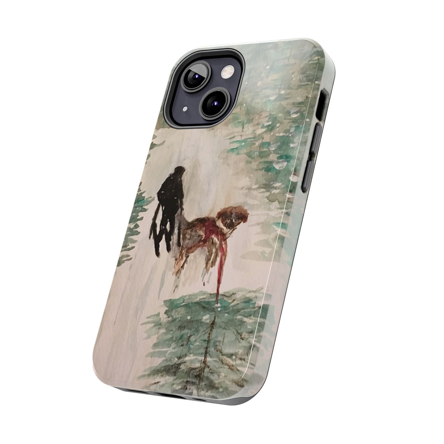 Skier Dog Pulling Tree Tough Phone Cases, iPhone & Samsung cases, wireless charging, pine trees, snow, original artwork, gifts, Christmas
