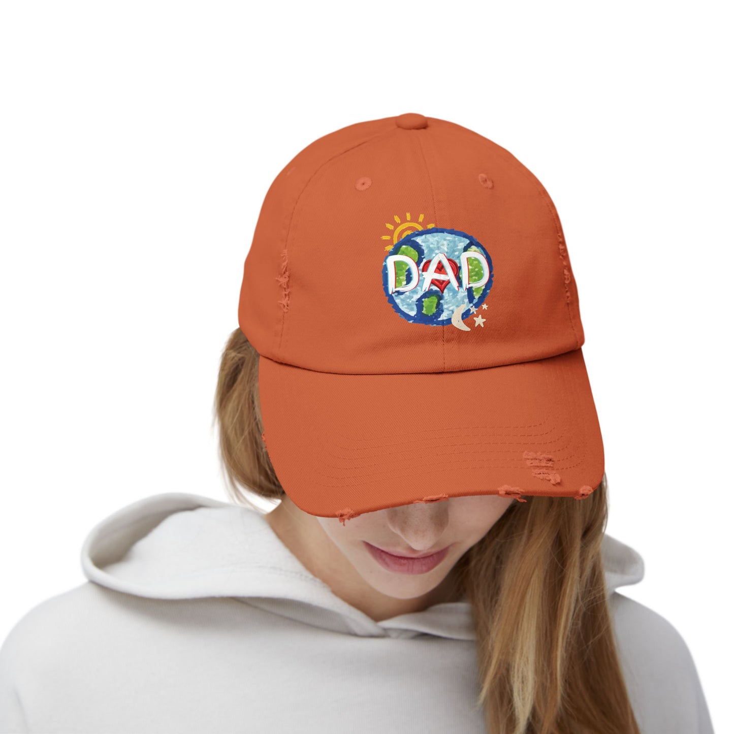 DAD Unisex Distressed Cap, Whole World, Sun, Moon & Stars, Heart, Fathers Day, Gift, Hats, Cotton Twill, Adjustable, Gifts for Men