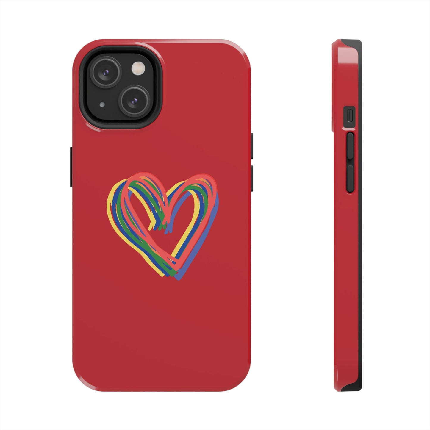 Rainbow Hearts Tough Phone Case, Red Phone Cover, Smartphone Case, Heart Pattern Phone Shell, Phone Hard Case, Colorful, Wireless Charging