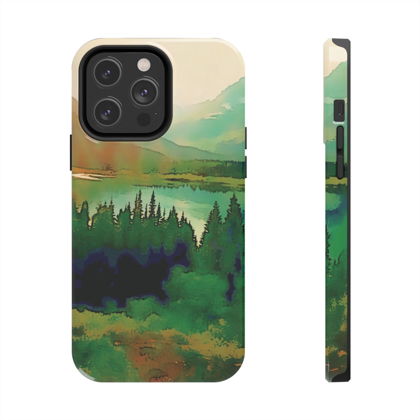 Mountain Lake Tough Phone Cases, iPhone & Samsung cases, wireless charging, trees, nature, colorful, original artwork, gifts, Christmas