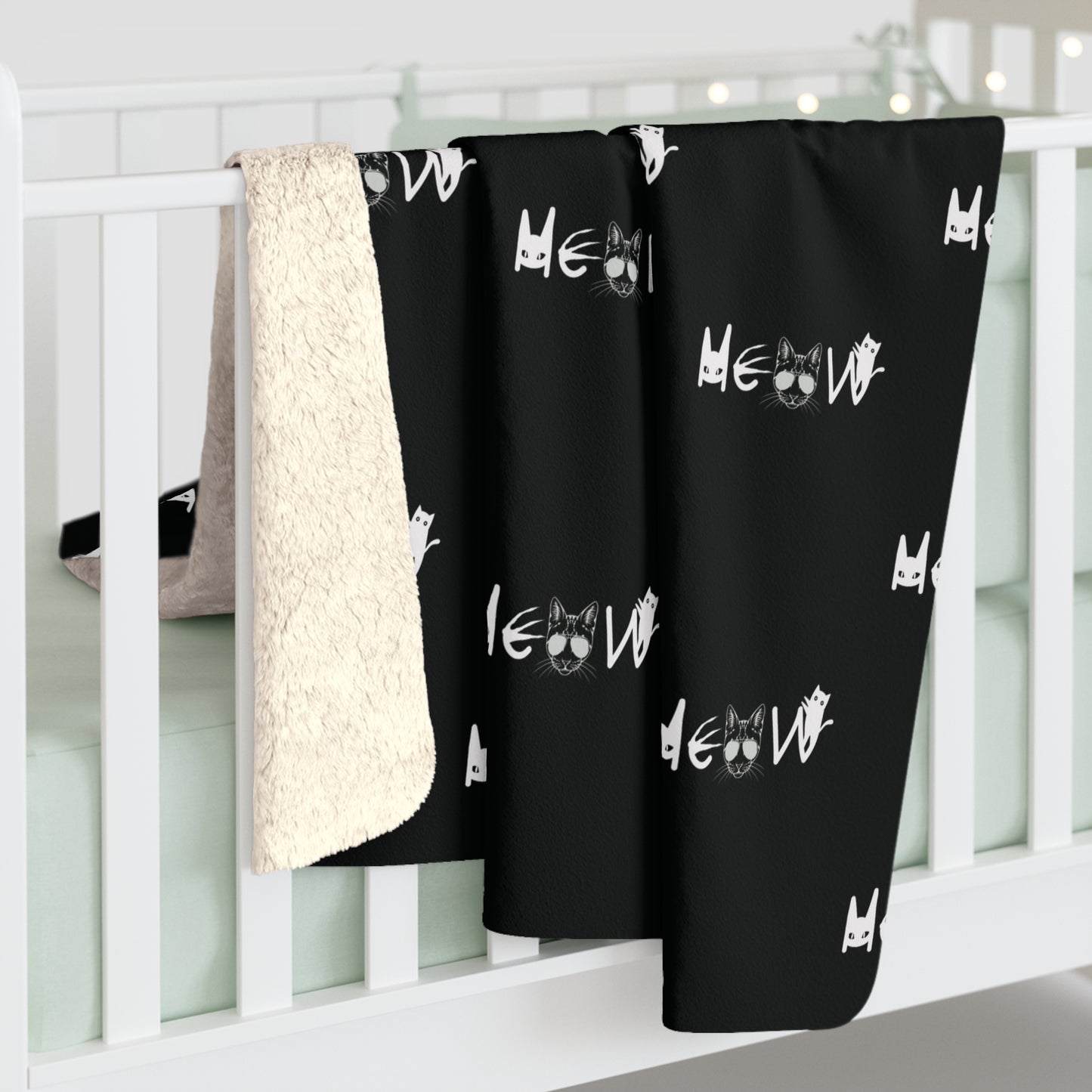 Meow Pattern Black & White Sherpa Fleece Blanket, Cats, Halloween, Sassy, Home Decor, Soft, Cozy, Gift, Gender Neutral, Throw, 50x60 60x80