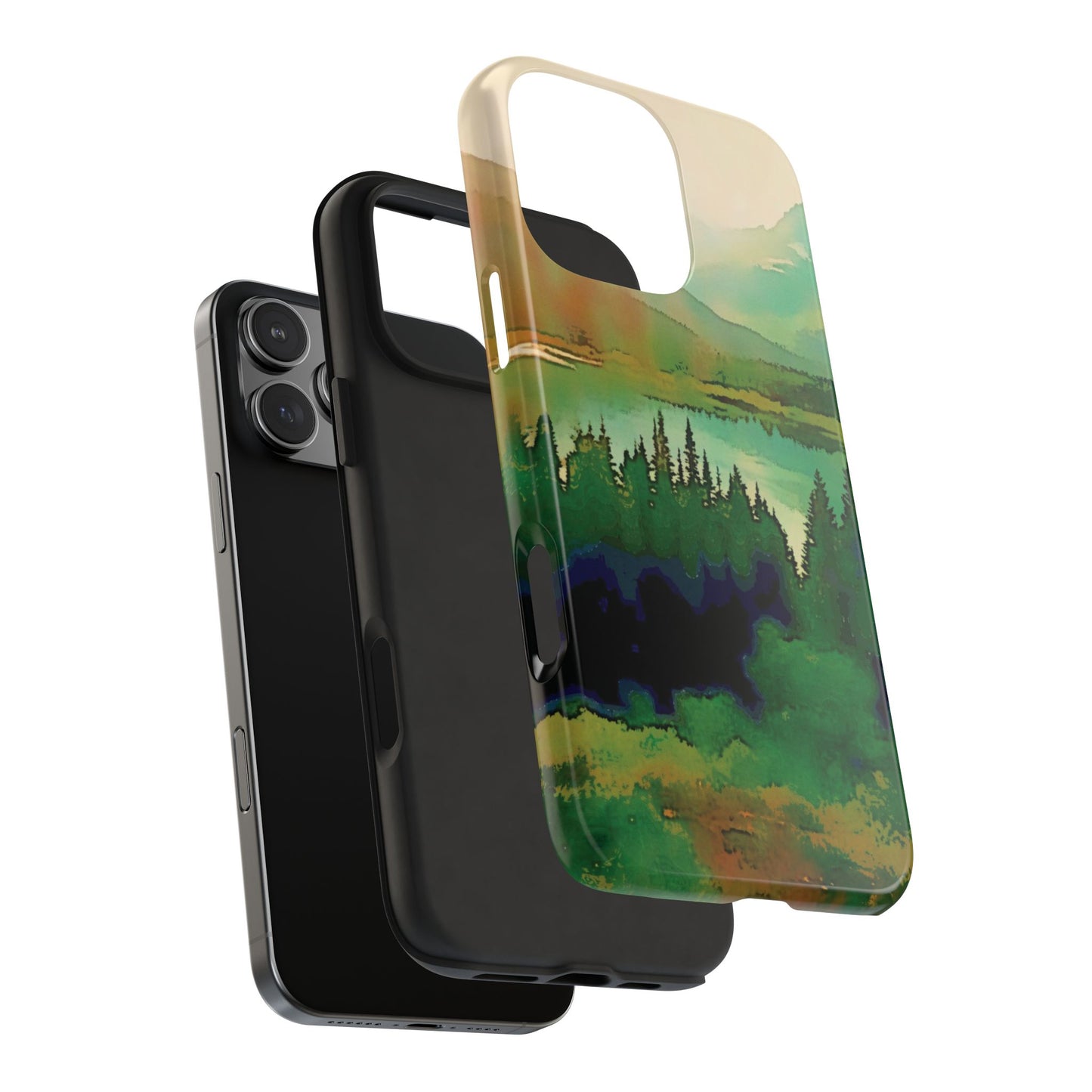 Mountain Lake Tough Phone Cases, iPhone & Samsung cases, wireless charging, trees, nature, colorful, original artwork, gifts, Christmas