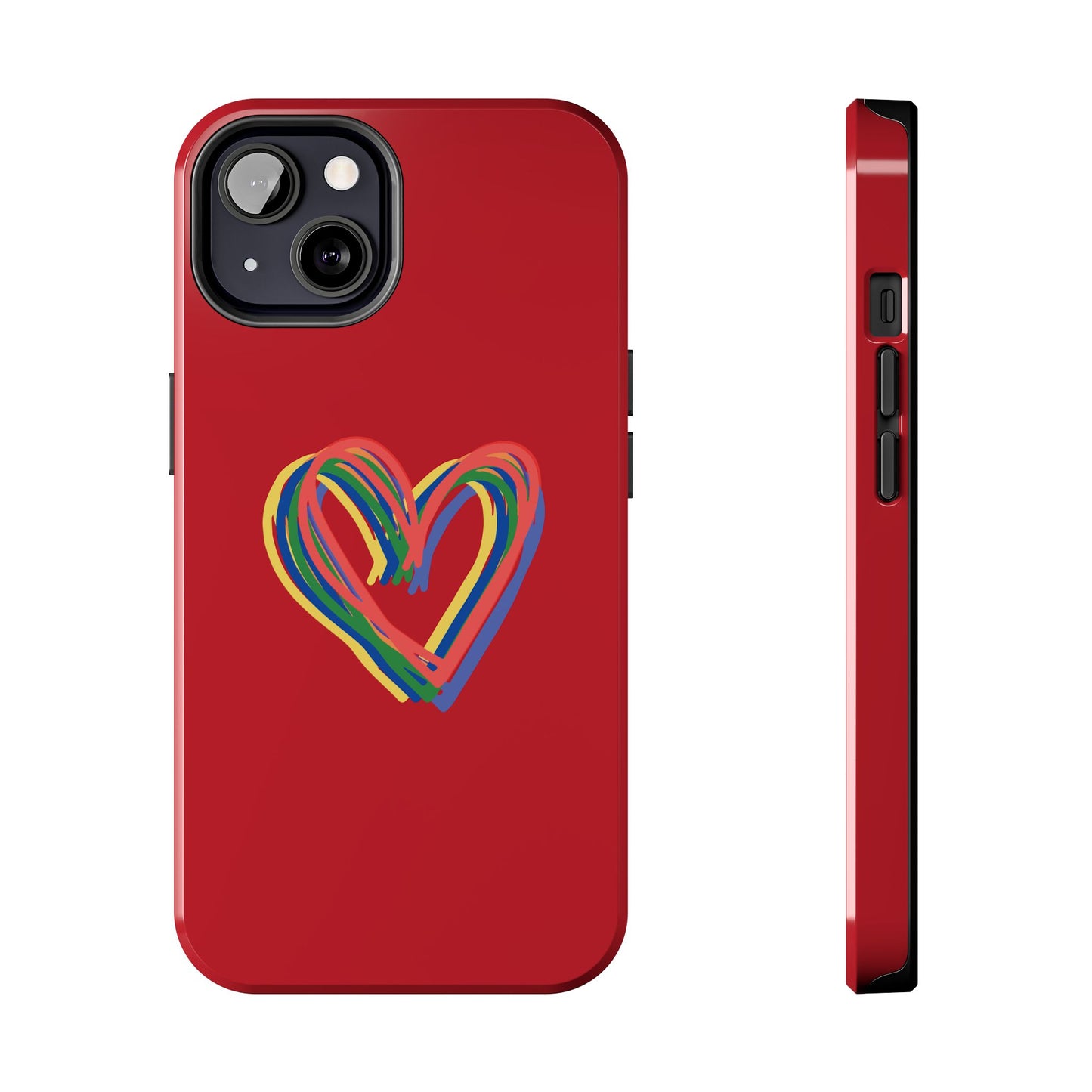 Rainbow Hearts Tough Phone Case, Red Phone Cover, Smartphone Case, Heart Pattern Phone Shell, Phone Hard Case, Colorful, Wireless Charging