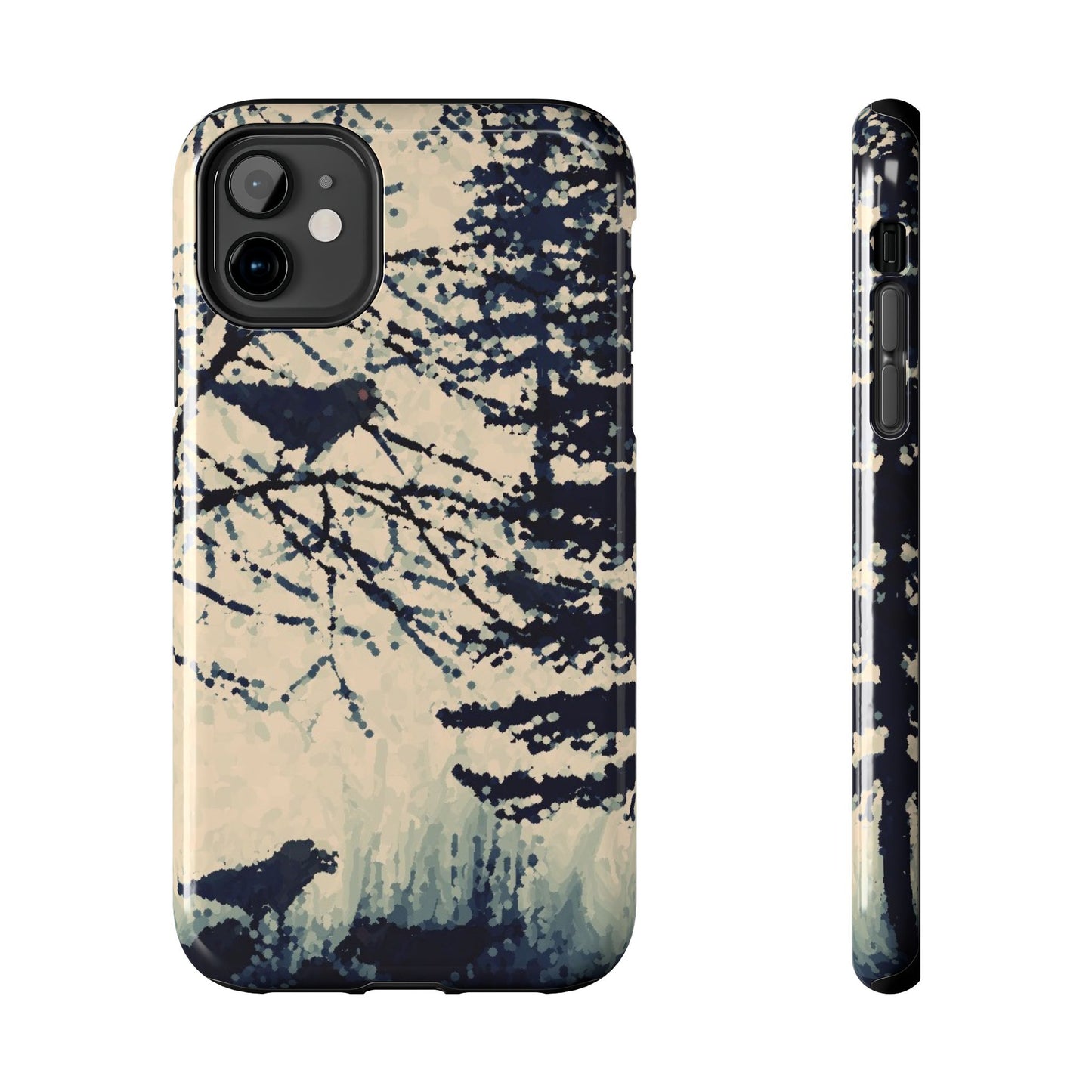 Crows in Forest Tough Phone Cases, iPhone & Samsung cases, wireless charging, crows, trees, birds, original artwork, gifts, Halloween