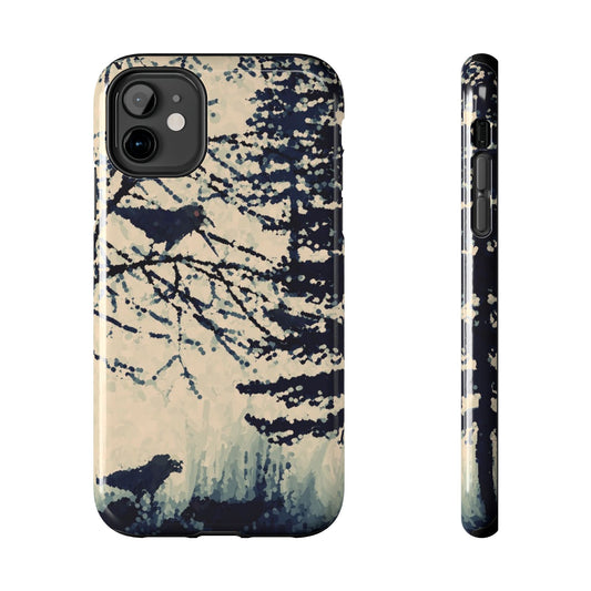 Crows in Forest Tough Phone Cases, iPhone & Samsung cases, wireless charging, crows, trees, birds, original artwork, gifts, Halloween