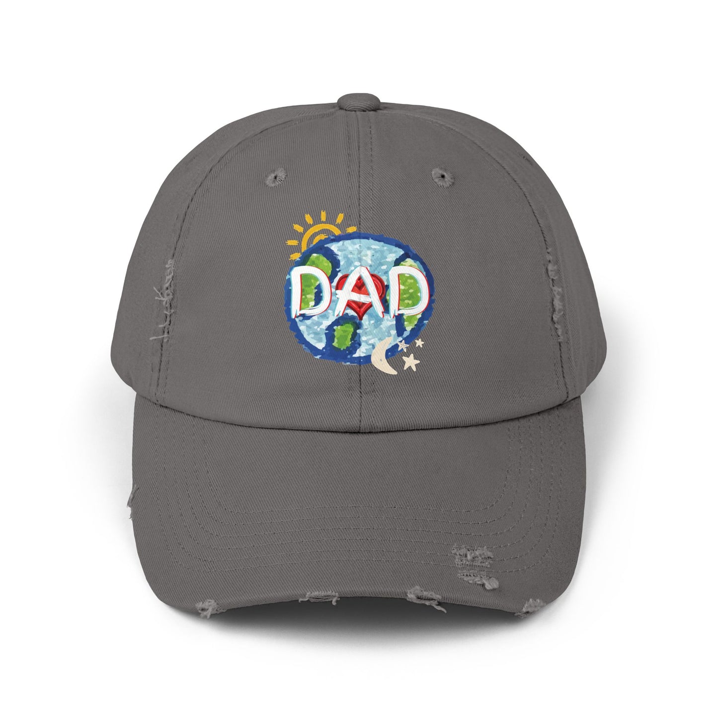 DAD Unisex Distressed Cap, Whole World, Sun, Moon & Stars, Heart, Fathers Day, Gift, Hats, Cotton Twill, Adjustable, Gifts for Men