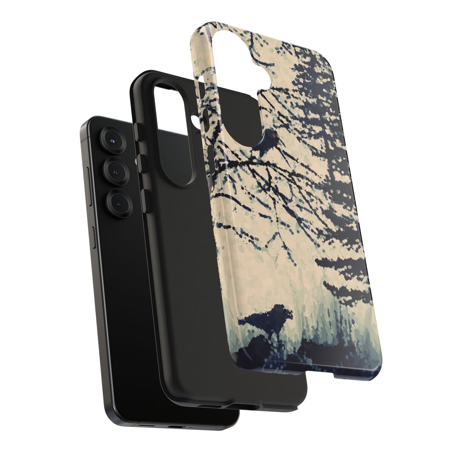 Crows in Forest Tough Phone Cases, iPhone & Samsung cases, wireless charging, crows, trees, birds, original artwork, gifts, Halloween