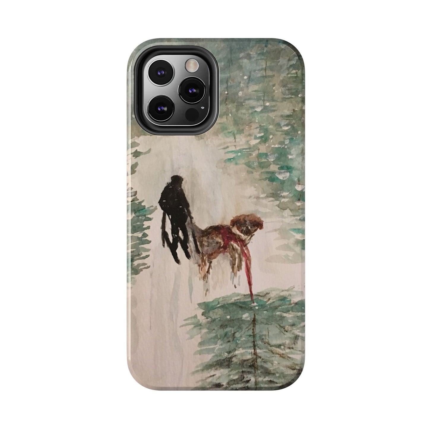 Skier Dog Pulling Tree Tough Phone Cases, iPhone & Samsung cases, wireless charging, pine trees, snow, original artwork, gifts, Christmas