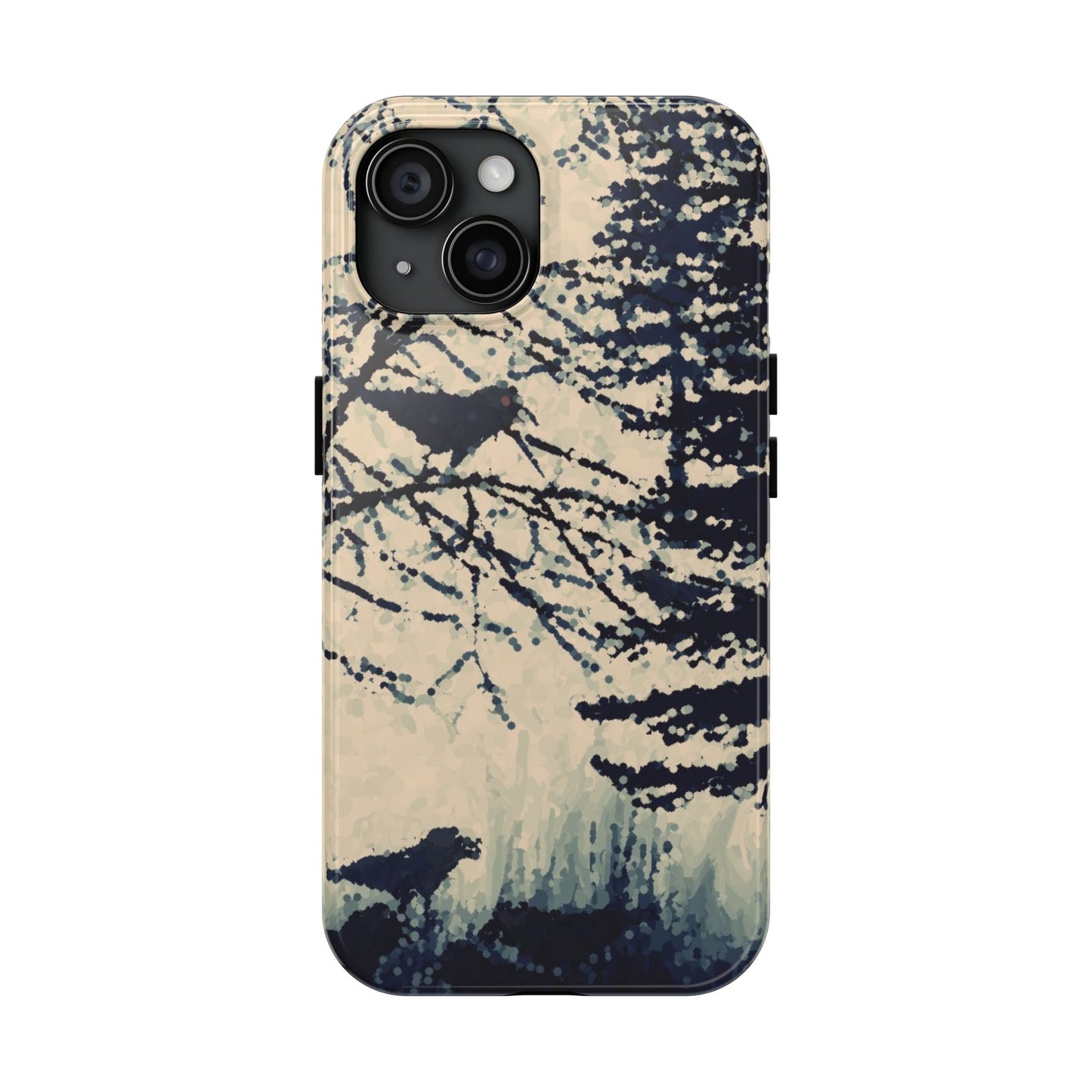 Crows in Forest Tough Phone Cases, iPhone & Samsung cases, wireless charging, crows, trees, birds, original artwork, gifts, Halloween