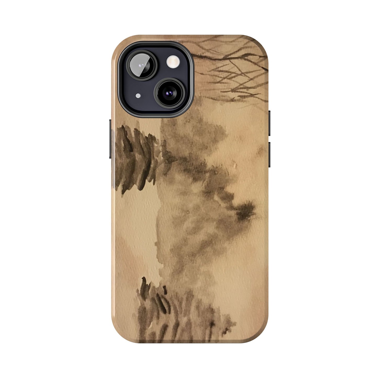 Winter Scene Tough Phone Cases, iPhone & Samsung cases, wireless charging, pine trees, snow, original watercolor artwork, gifts, Christmas