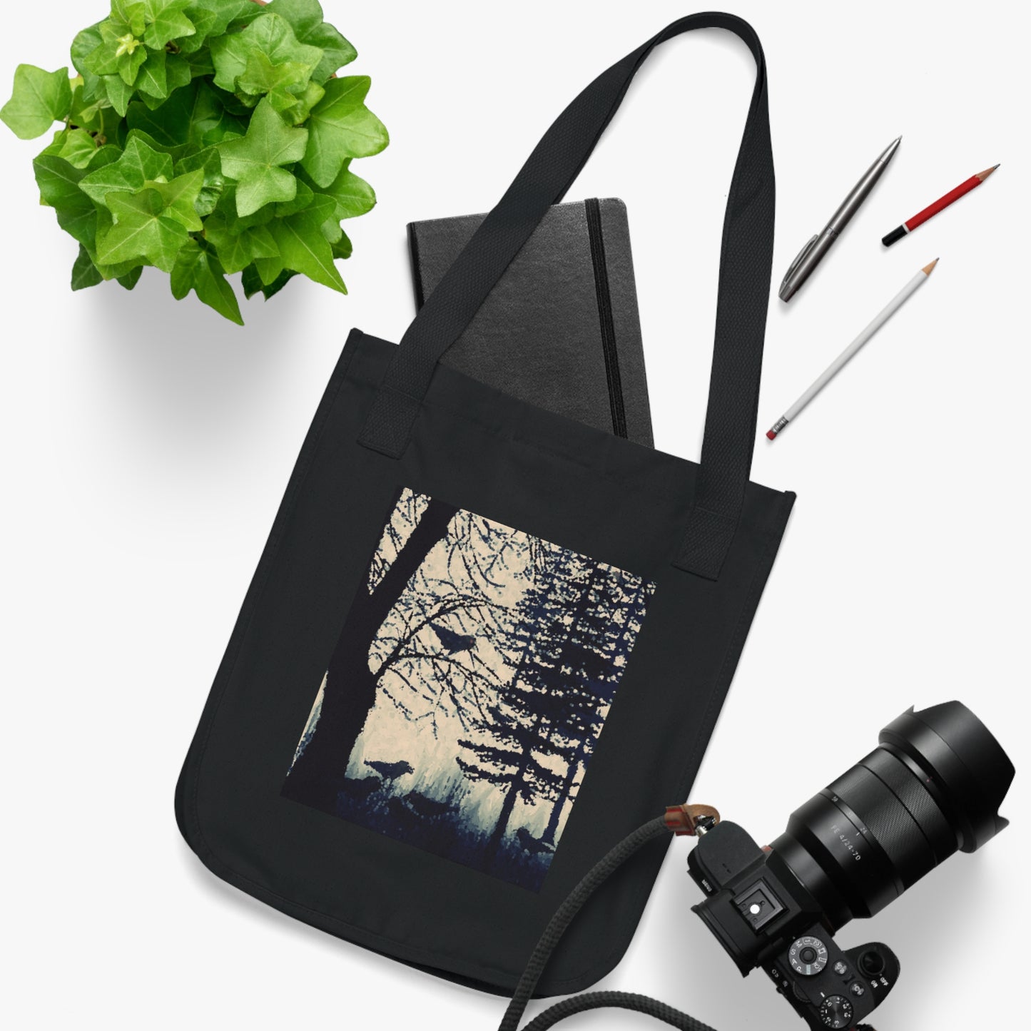 Crows in Forest Organic Canvas Tote Bag, Groceries, Shopping, Eco Friendly, Gift Bags, 100% Organic Cotton, Beige, Black, Nature, Halloween