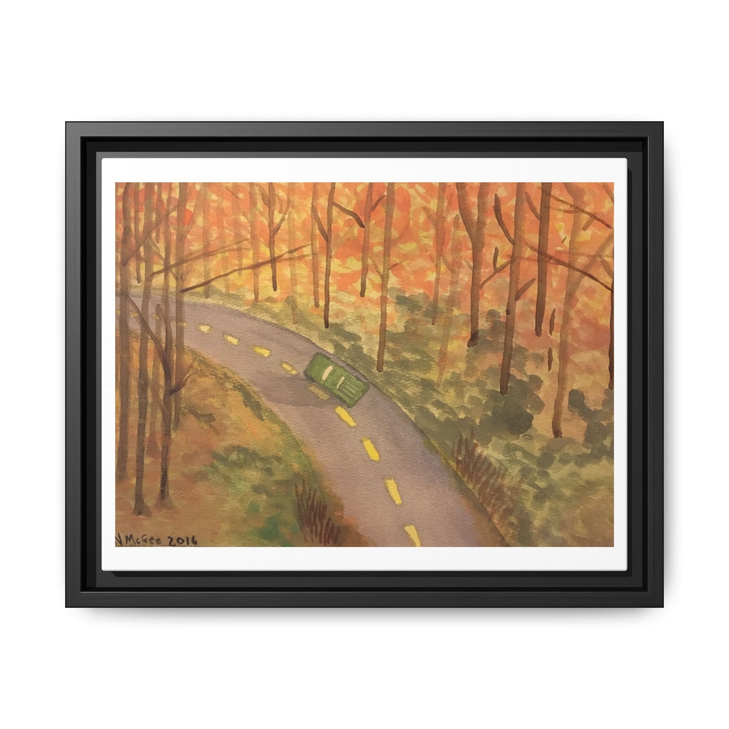 Black Frame Autumn Drive in the Country, Original Watercolor Matte Print, Fall Leaves, Nature, Trees, Artwork, Wall Art, Gift, Colorful