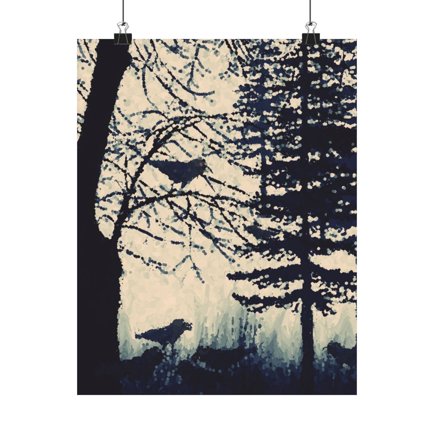 Crows in Forest Matte Vertical Poster, You Frame, Wall Art, Original Artwork, Decor, Gift, Nature, Trees, Birds, Dorm, Halloween, Dark