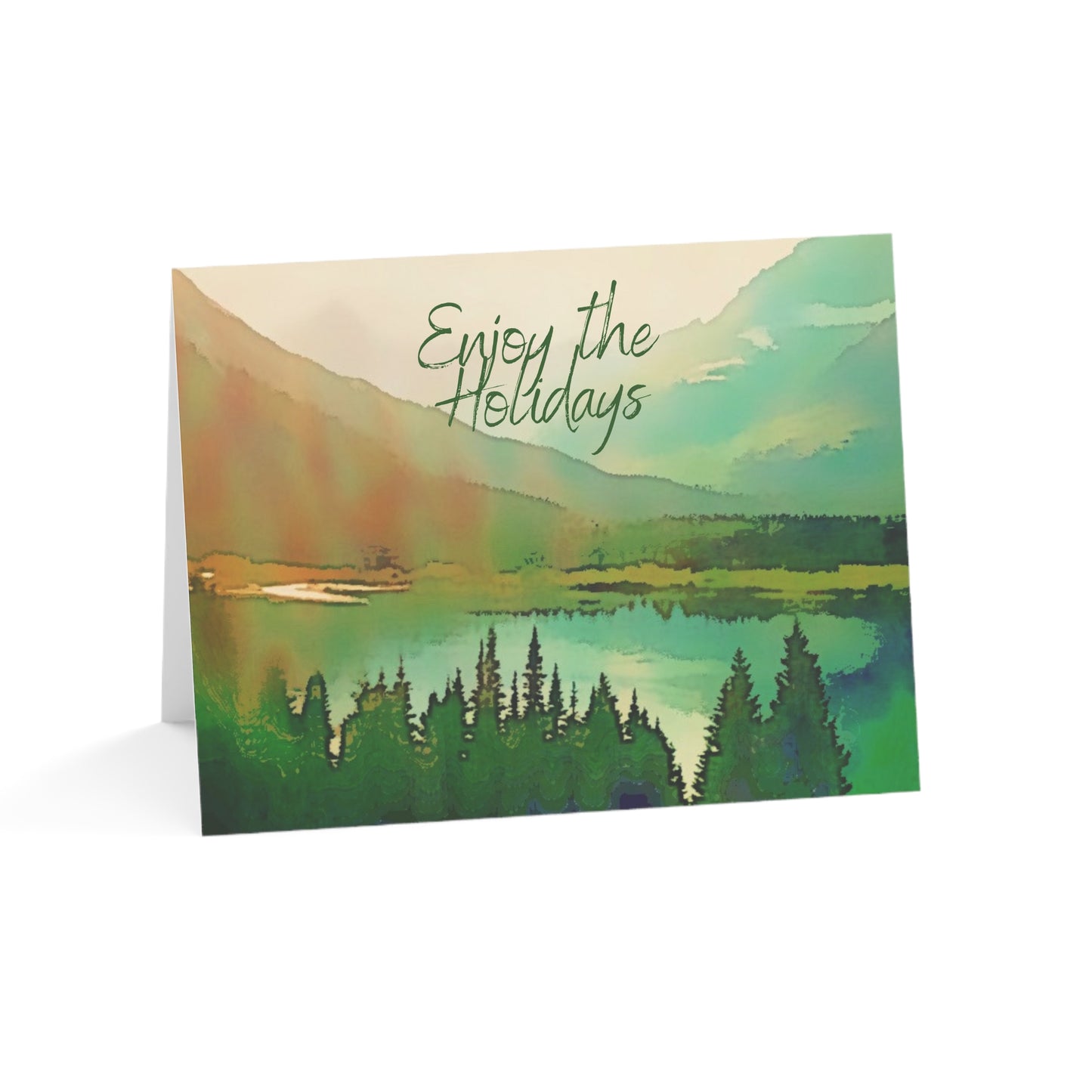 Holiday Greeting Cards Original Artwork Mountain Lake (10, 30, & 50pcs), Enjoy the Holidays, Wishing Health Happiness New Year, 4 size/3 fin