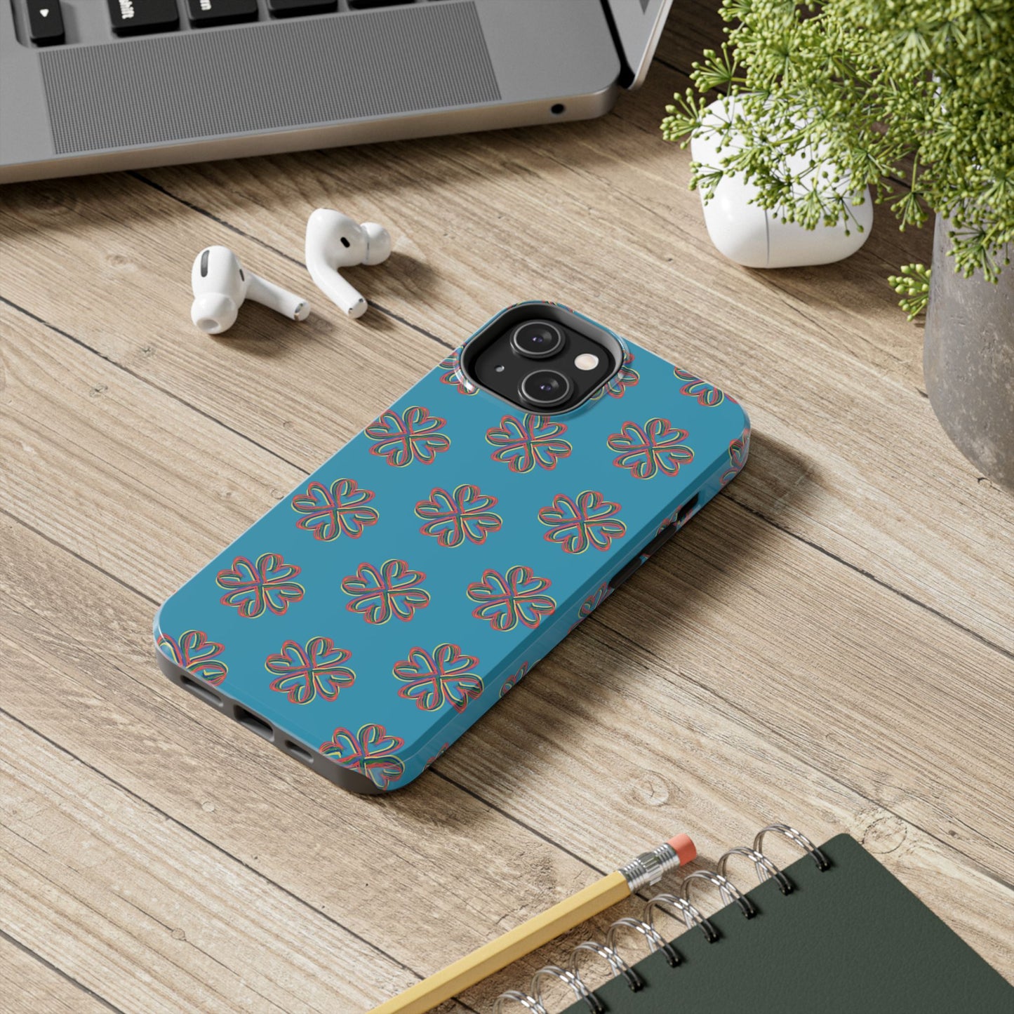 Floral Tough Phone Case, Colorful Turquoise Case, Hard Cover, iPhone Samsung Galaxy Google Pixel, Botanical Print Phone, Wireless Charging