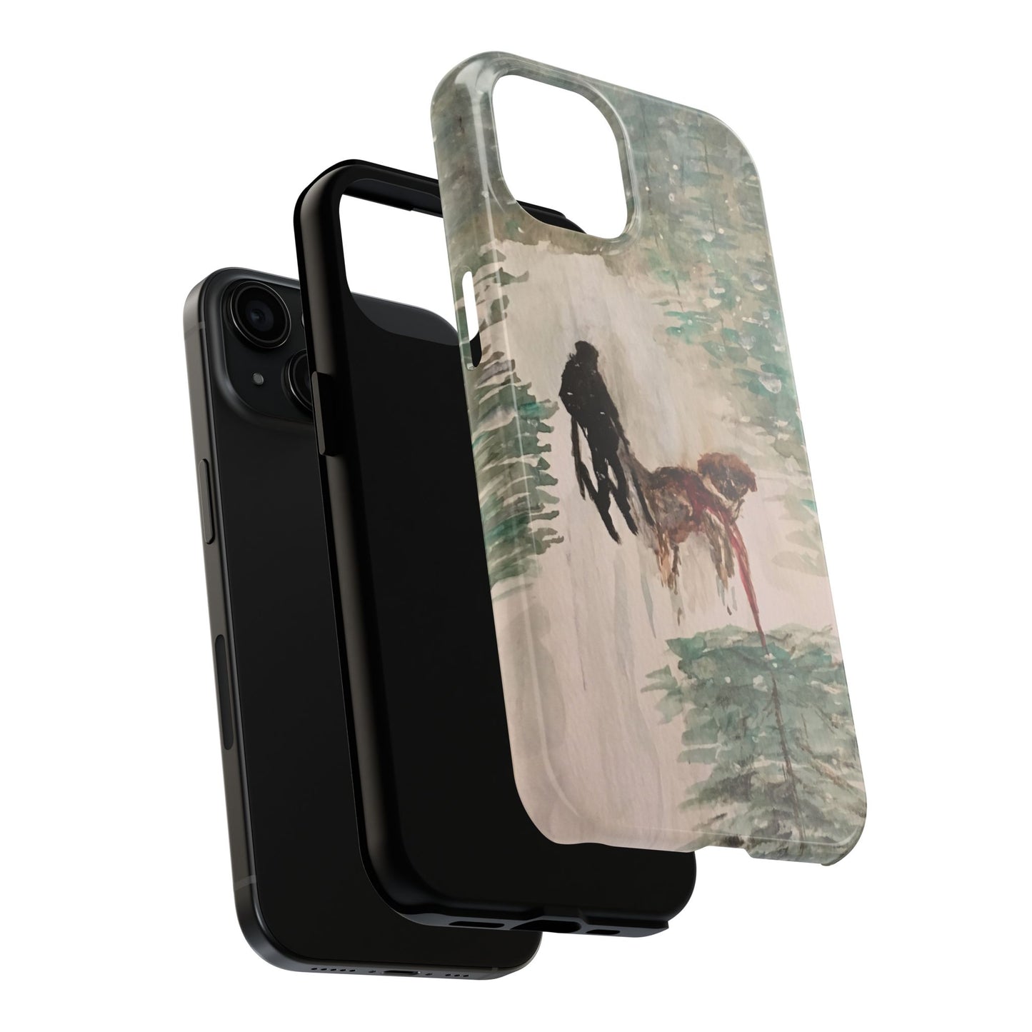 Skier Dog Pulling Tree Tough Phone Cases, iPhone & Samsung cases, wireless charging, pine trees, snow, original artwork, gifts, Christmas