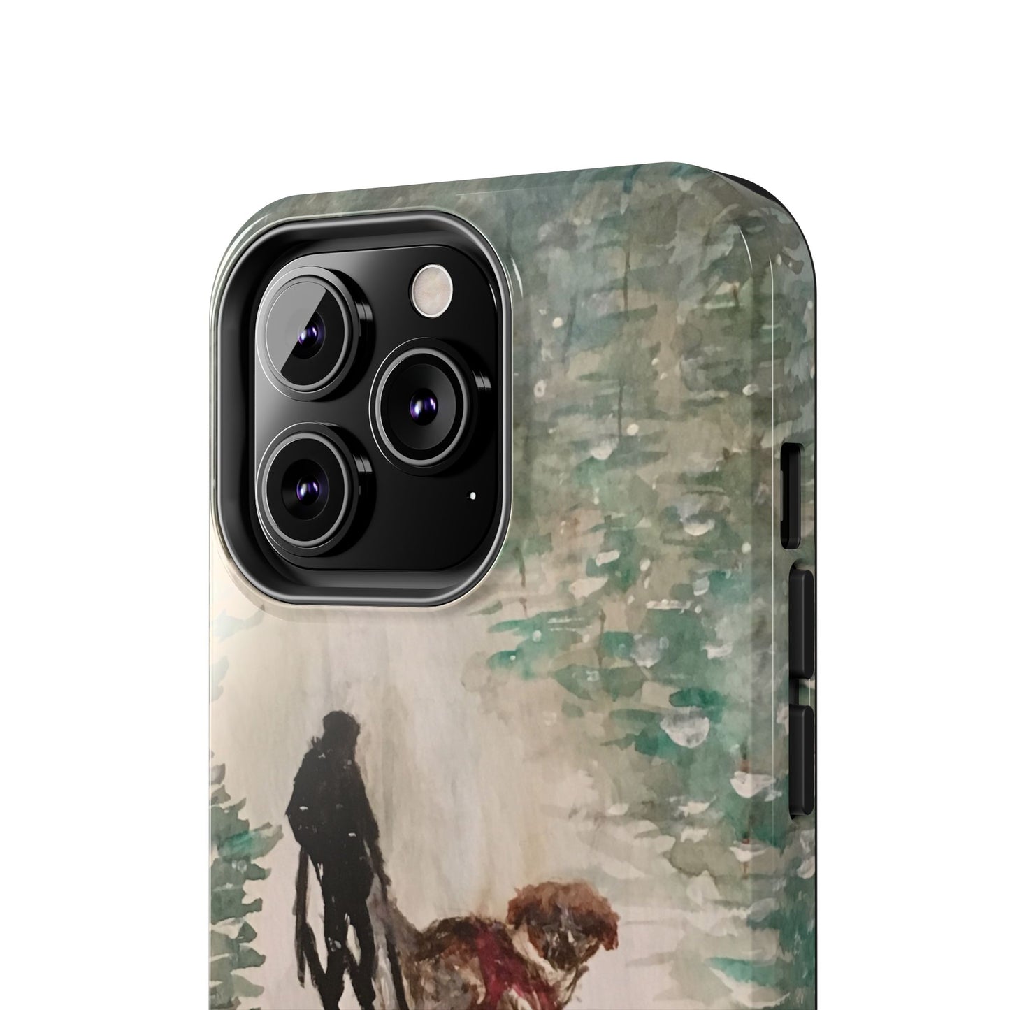 Skier Dog Pulling Tree Tough Phone Cases, iPhone & Samsung cases, wireless charging, pine trees, snow, original artwork, gifts, Christmas