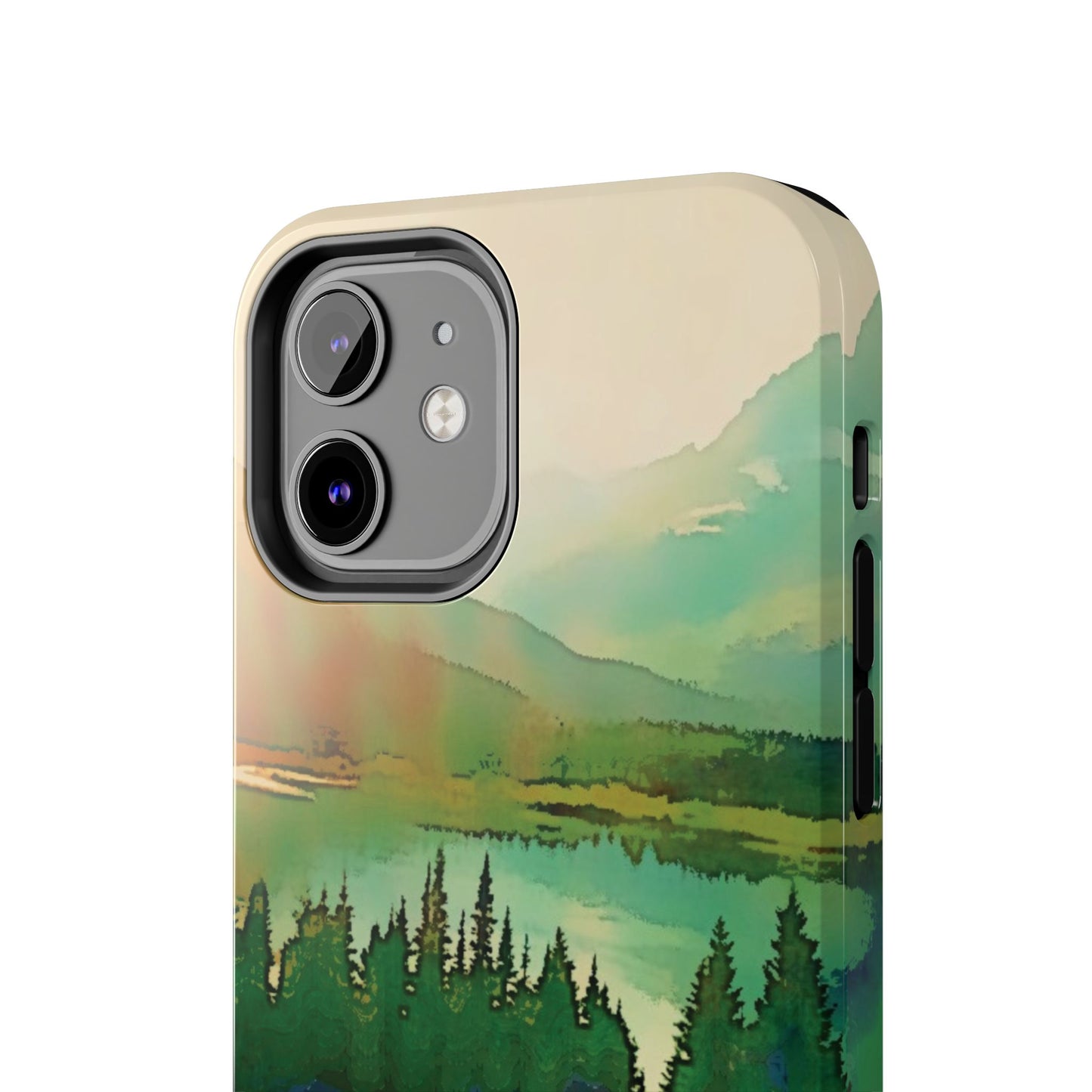 Mountain Lake Tough Phone Cases, iPhone & Samsung cases, wireless charging, trees, nature, colorful, original artwork, gifts, Christmas