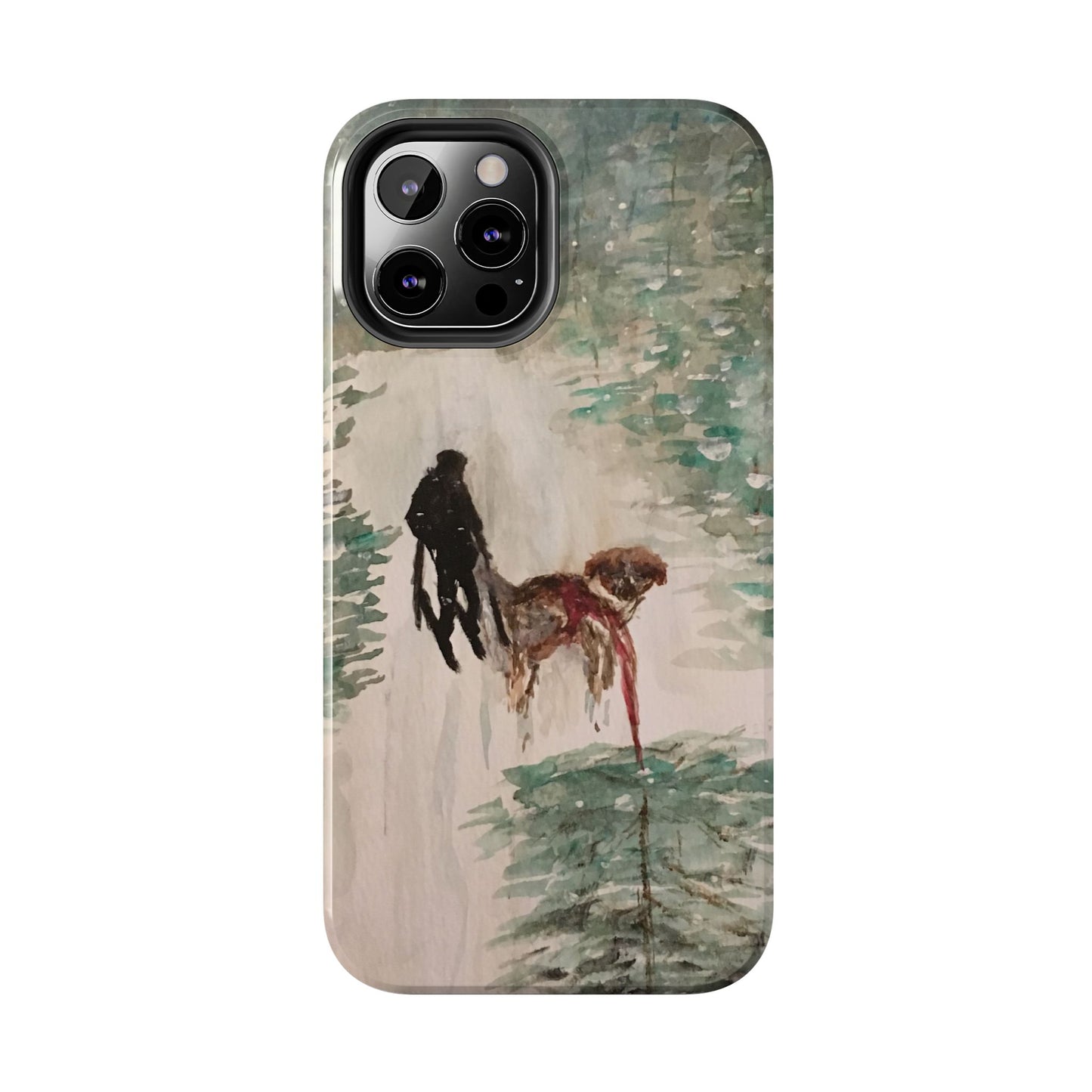 Skier Dog Pulling Tree Tough Phone Cases, iPhone & Samsung cases, wireless charging, pine trees, snow, original artwork, gifts, Christmas