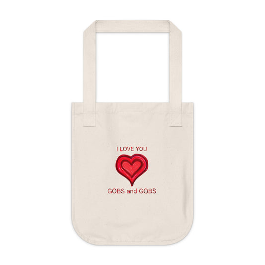I Love You Gobs & Gobs Organic Canvas Tote Bag, Hearts, Gender Neutral, Women, Men, Kids, Gift, Groceries, Shopping, Books, Eco, Valentines