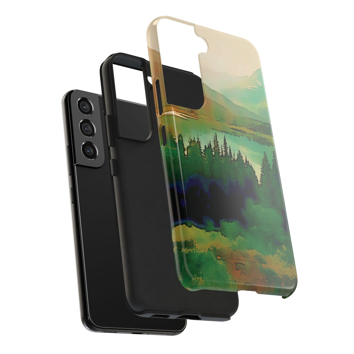 Mountain Lake Tough Phone Cases, iPhone & Samsung cases, wireless charging, trees, nature, colorful, original artwork, gifts, Christmas