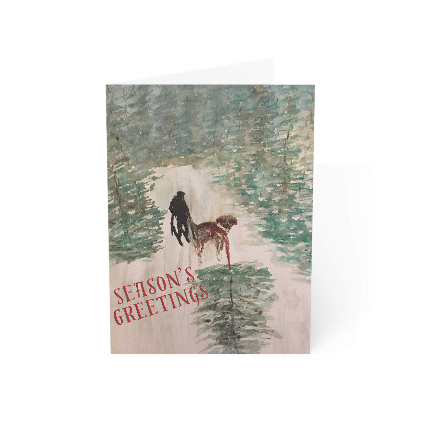 Holiday Greeting Cards Original Artwork Tree Hunting (10, 30, and 50pcs), Dog, Skis, Seasons Greetings, Wishing Health Happiness New Year