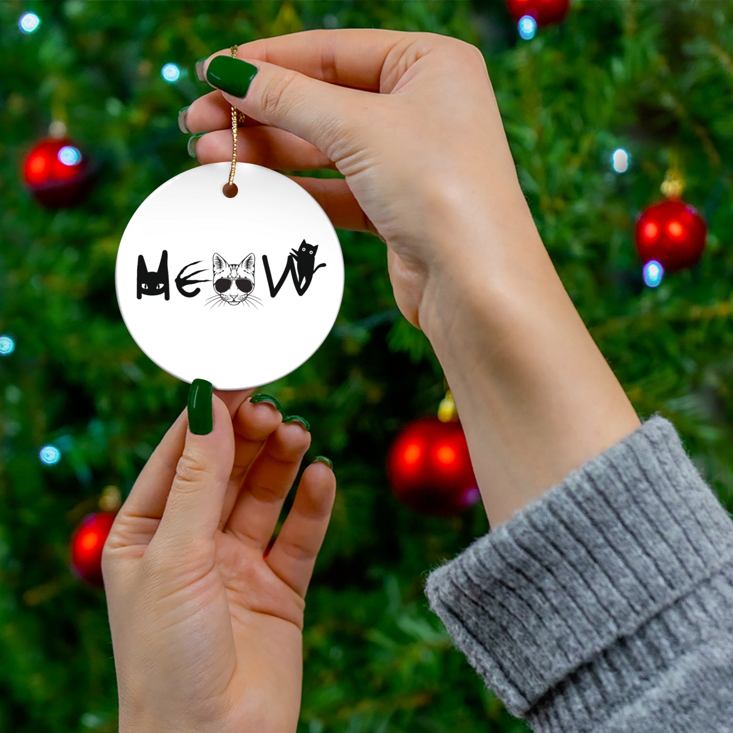 Meow White & Black Hanging Ornament, cats, sassy, decor, fun, Circle Snowflake Heart Star, Holiday, Gifts, all ages, Christmas, Halloween
