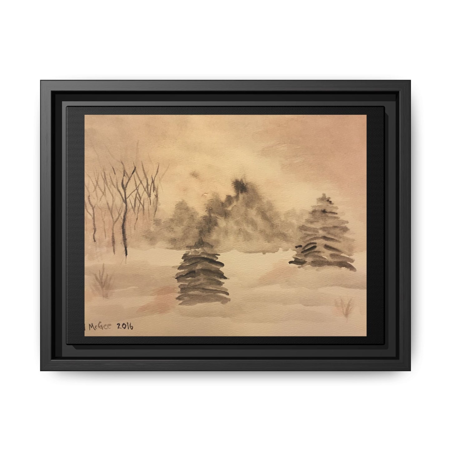 Black Frame Winter Scene, Original Watercolor Print, Snow, Nature, Trees, Forest, Artwork, Wall Art, Canvas, Black Tones, Gift, Christmas