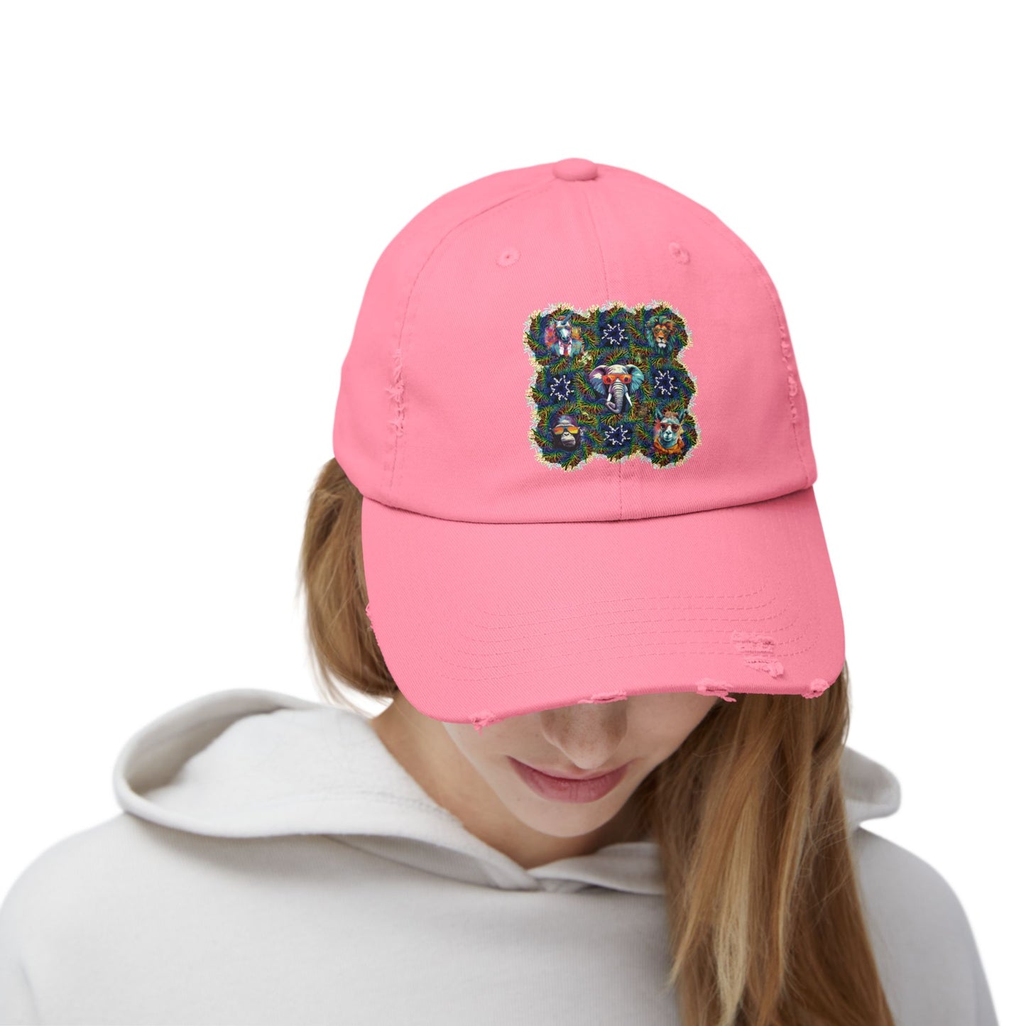 Wild & Cool Creatures Unisex Distressed Cap, Graphic Art, Animals, Gift, Hats, Cotton Twill, Adjustable, Gifts for Women Men Friends Teens