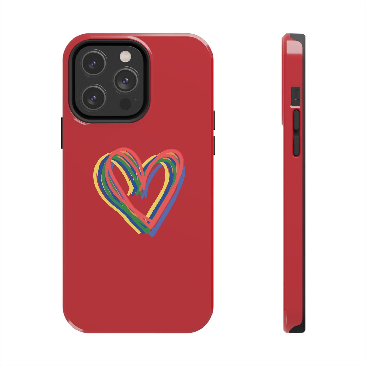 Rainbow Hearts Tough Phone Case, Red Phone Cover, Smartphone Case, Heart Pattern Phone Shell, Phone Hard Case, Colorful, Wireless Charging
