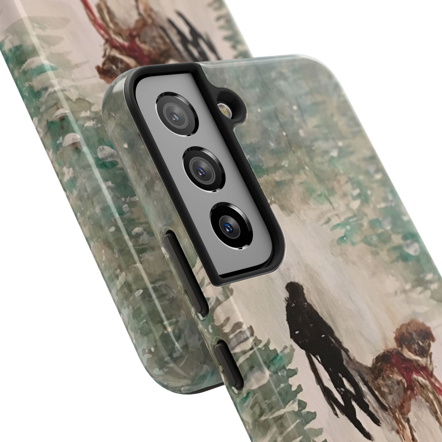 Skier Dog Pulling Tree Tough Phone Cases, iPhone & Samsung cases, wireless charging, pine trees, snow, original artwork, gifts, Christmas