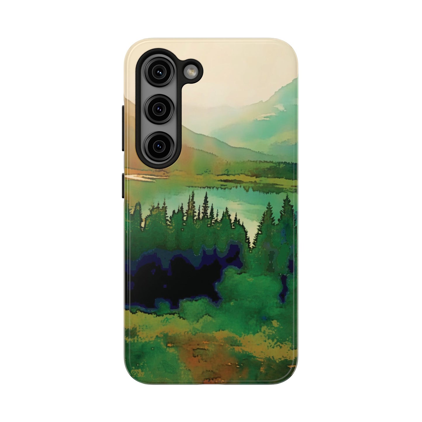 Mountain Lake Tough Phone Cases, iPhone & Samsung cases, wireless charging, trees, nature, colorful, original artwork, gifts, Christmas