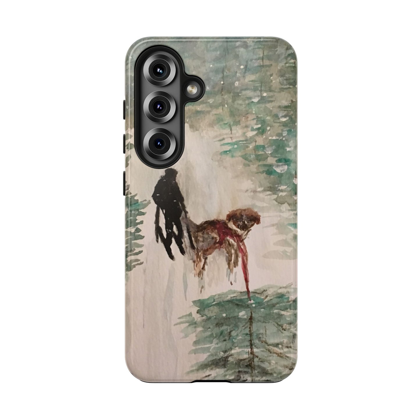 Skier Dog Pulling Tree Tough Phone Cases, iPhone & Samsung cases, wireless charging, pine trees, snow, original artwork, gifts, Christmas