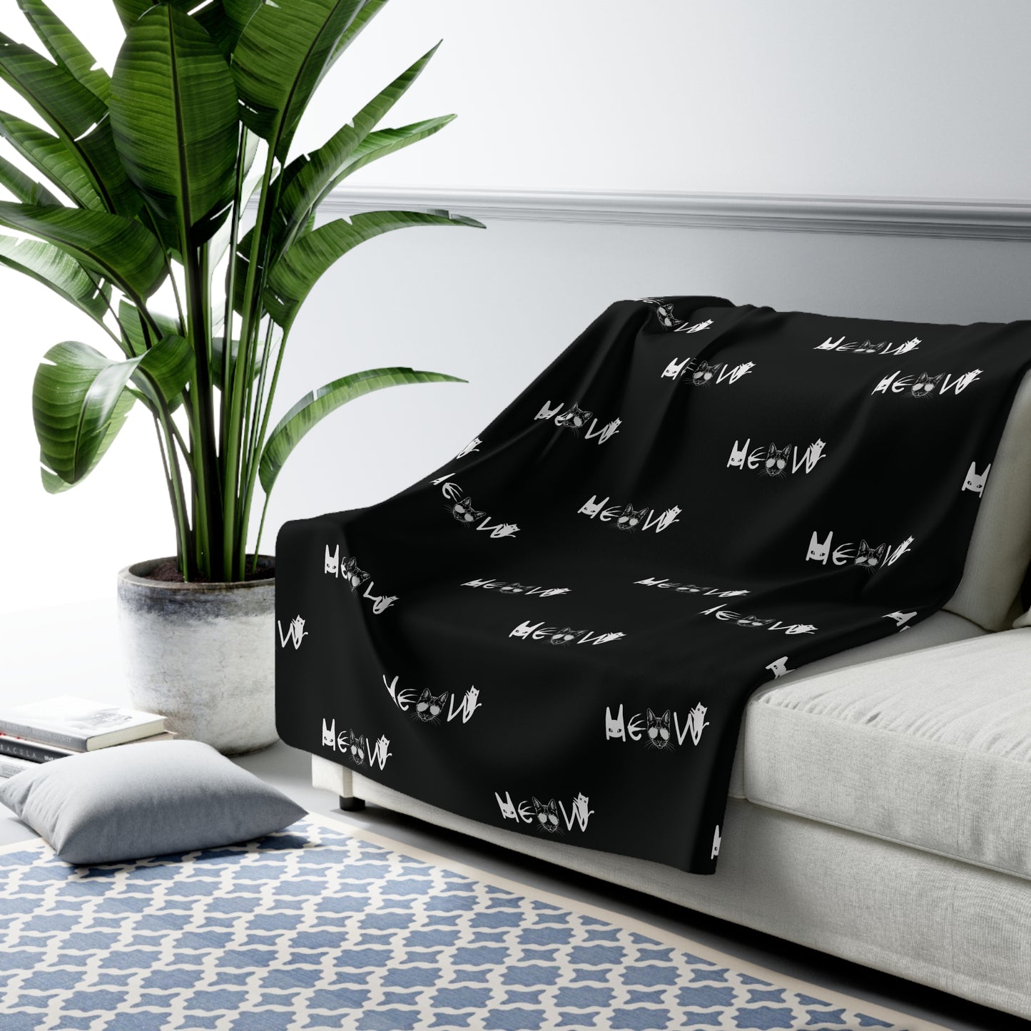 Meow Pattern Black & White Sherpa Fleece Blanket, Cats, Halloween, Sassy, Home Decor, Soft, Cozy, Gift, Gender Neutral, Throw, 50x60 60x80