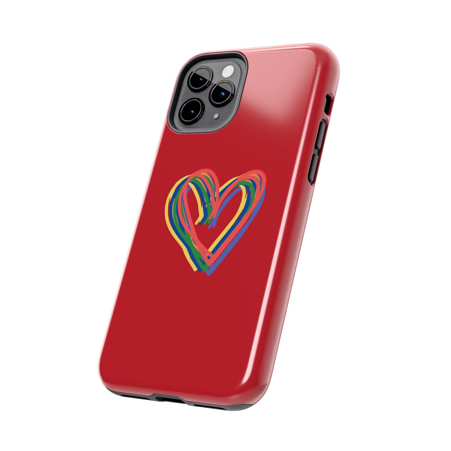 Rainbow Hearts Tough Phone Case, Red Phone Cover, Smartphone Case, Heart Pattern Phone Shell, Phone Hard Case, Colorful, Wireless Charging