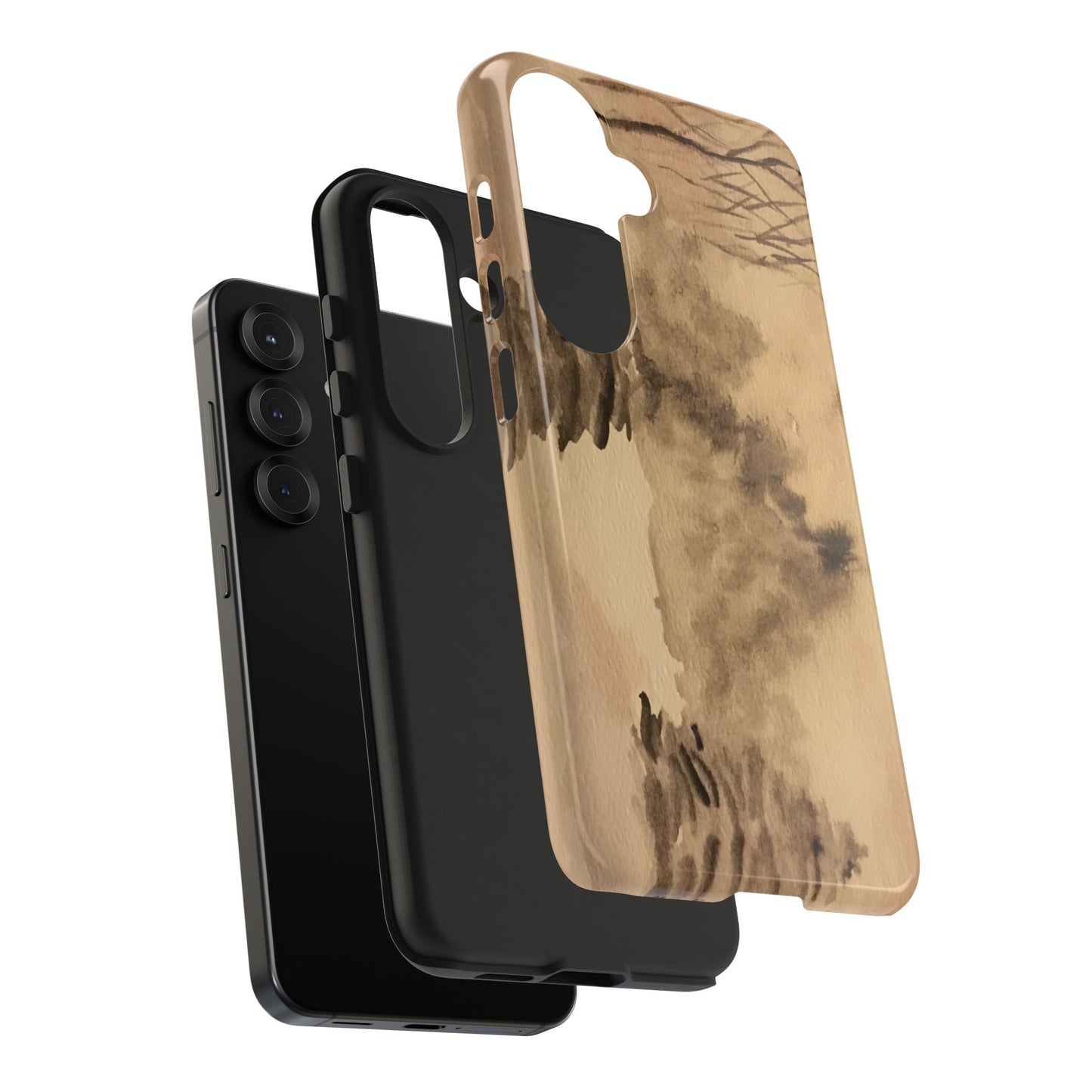 Winter Scene Tough Phone Cases, iPhone & Samsung cases, wireless charging, pine trees, snow, original watercolor artwork, gifts, Christmas