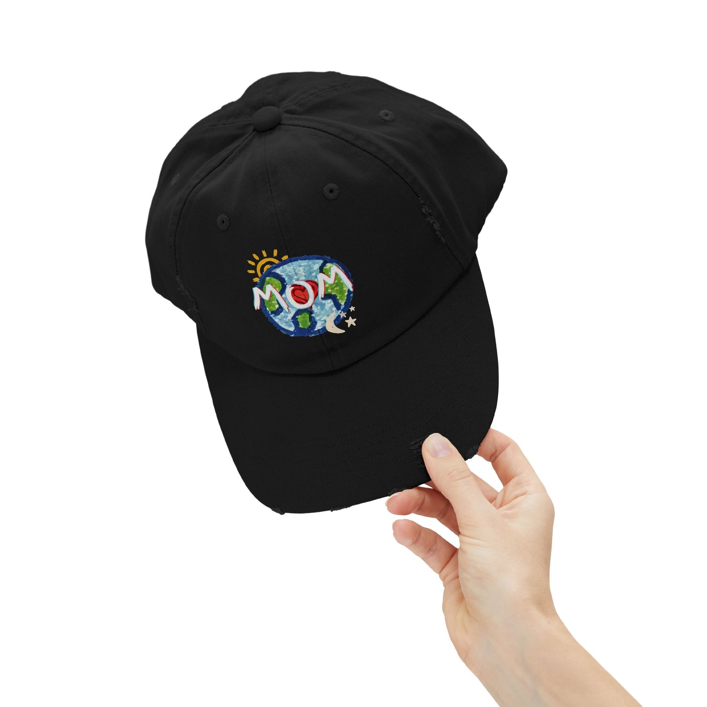 MOM Unisex Distressed Cap, Whole World, Sun, Moon & Stars, Heart, Mothers Day, Gifts for Women, Gift, Hats, Cotton Twill, Adjustable