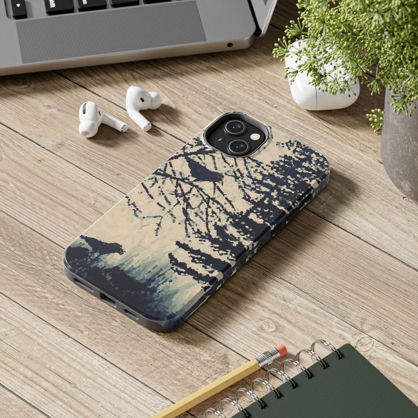 Crows in Forest Tough Phone Cases, iPhone & Samsung cases, wireless charging, crows, trees, birds, original artwork, gifts, Halloween