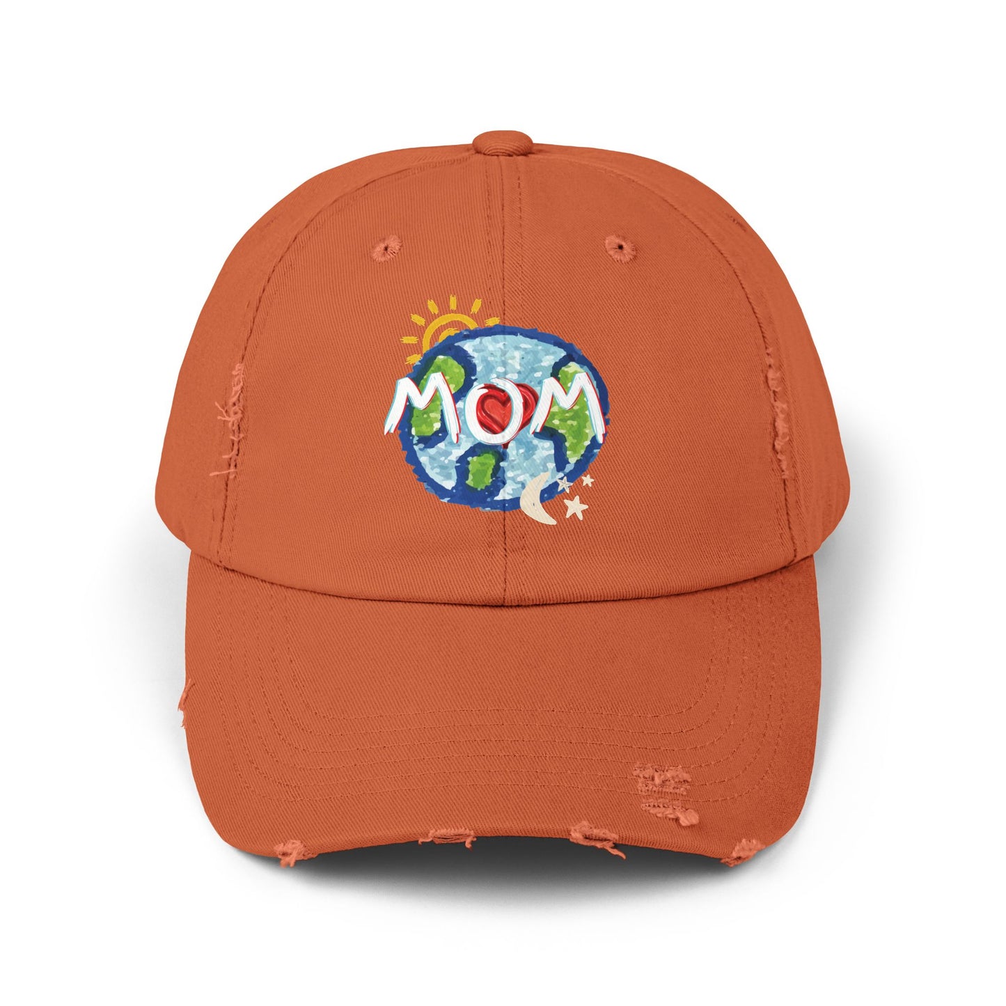 MOM Unisex Distressed Cap, Whole World, Sun, Moon & Stars, Heart, Mothers Day, Gifts for Women, Gift, Hats, Cotton Twill, Adjustable